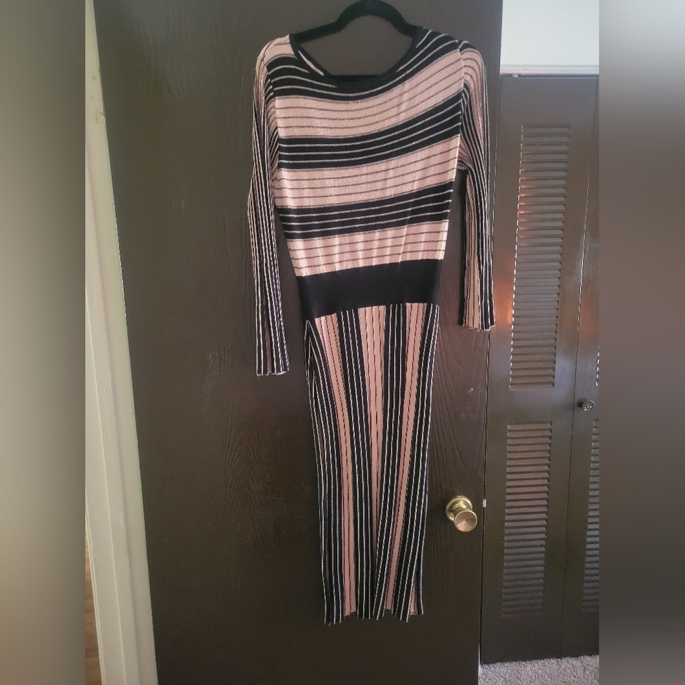 Pink, black and silver striped body con dress size L